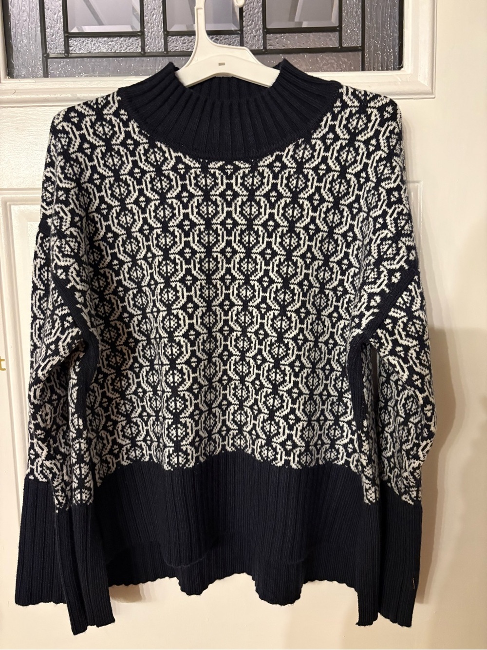 Navy and White Geometric Knit Turtleneck Sweater